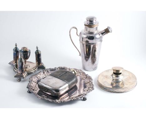 A MIXED LOT:- A "dished" circular inkwell with an offset hinged cover (loaded) by Messrs. Hutton & Sons Ltd., Birmingham 1928
