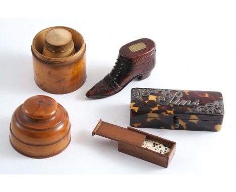 A LATE VICTORIAN MOUNTED TORTOISESHELL PIN BOX a treen "shoe" snuff box, a miniature box containing miniature bone dominoes a