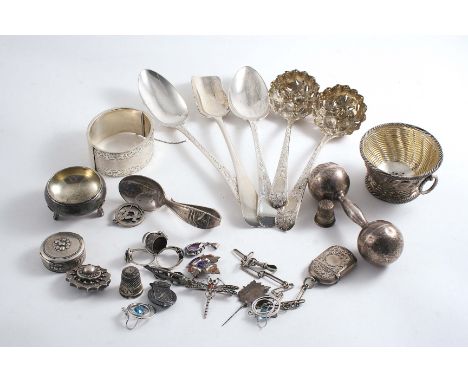 A MIXED LOT:- A Victorian "basket" salt by Robert Hennel, London 1850, a Tiffany & Co. "dumbell" rattle, two later decorated 