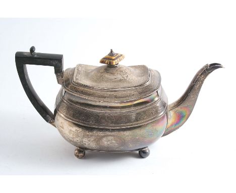 A GEORGE II BARGE-SHAPED TEAPOT  on ball feet with engraved borders & an angular handle, by Alice & George Burrows, London 18
