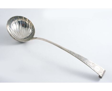 A RARE GEORGE III IRISH PROVINCIAL "HOOK-END" SOUP LADLE with a chased & fluted circular bowl, and a chased upper stem, crest