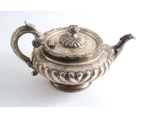 A WILLIAM IV SCOTTISH TEAPOT of squat circular form with part-fluting & a bud finial handle, detached but present, maker's ma