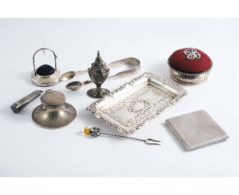 A MIXED LOT:- A small ring & hat pin stand, a pin tray, a pair of sugar tongs, initialled, a small capstan inkwell, a peppere