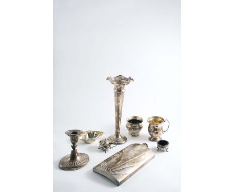 A MIXED LOT:- A large single vase (loaded base), a single dwarf candlestick (loaded), a mug, initialled & dated "31.3.66", a 