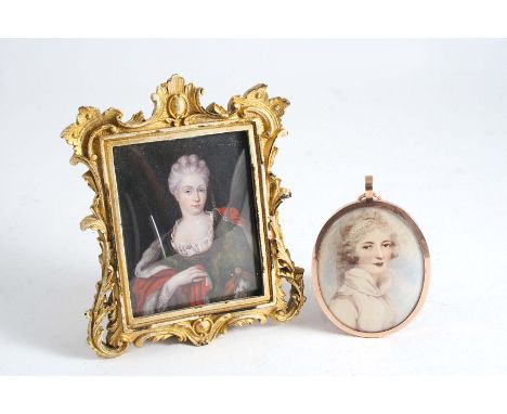 CONTINENTAL SCHOOL Portrait of a lady in green dress with red cape on ivory, 8.25 x 6.5 cms and a photo portrait of Lucy Dani