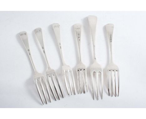 A MIXED LOT:- Two George III dessert forks (one crested), a George III three-prong table fork and three 19th century Swiss de