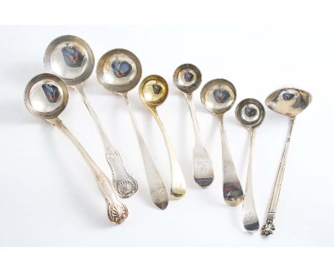 SMALL LADLES:- A Victorian Hourglass pattern toddy ladle, two Scottish toddy ladles (one initialled), a George III silvergilt