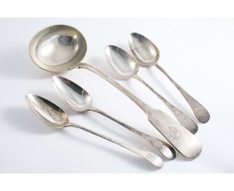 NEWCASTLE-MADE SILVER;- A Victorian Fiddle pattern soup ladle crest, by C.J. Reid, Newcastle 1870 and four Old English patter