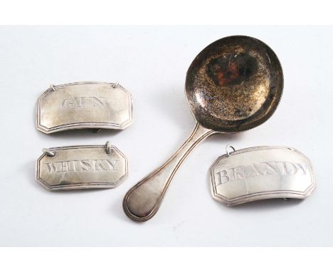 A GEORGE III OLD ENGLISH THREAD PATTERN CADDY SPOON by Peter & Anne Bateman, London 1796 and three antique wine labels; the s