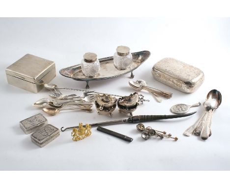 A MIXED LOT:- A small boat-shaped inkstand with two mounted cut-glass bottles by R. Martin & E. Hall, Sheffield 1898, a squar