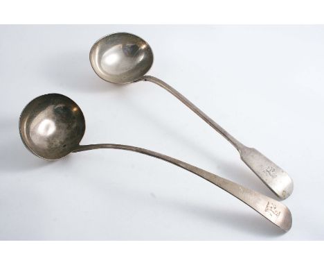 A VICTORIAN FIDDLE PATTERN SOUP LADLE crested, by George Adams, London 1846 and an Old English pattern soup ladle, crested, b