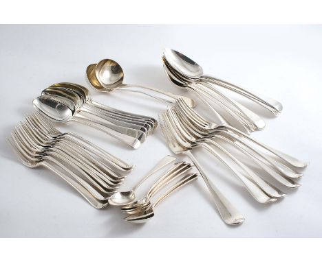A COLLECTED OR HARLEQUIN PART SERVICE OF OLD ENGLISH PATTERN FLATWARE INCLUDING:- Six table spoons, six table forks seven des