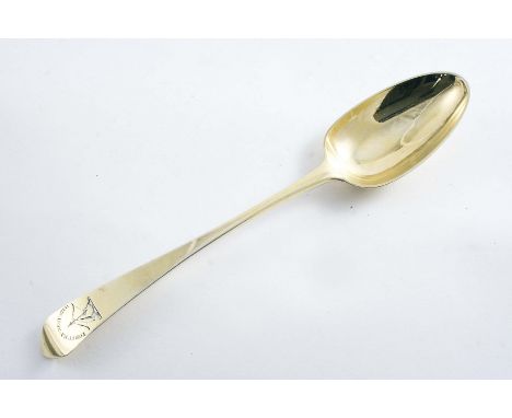 A RARE, LATE 18TH CENTURY AMERICAN SILVERGILT TABLE SPOON with pointed end, engraved with a crest** below the motto "FORTUNA 