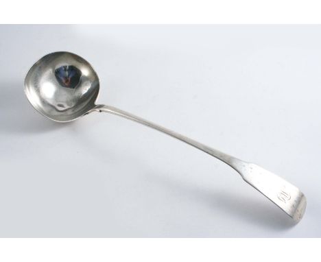 AN EARLY 19TH CENTURY UNASCRIBED FIDDLE PATTERN SOUP LADLE initialled "McG", maker's mark "CSB" (struck thrice), probably Col