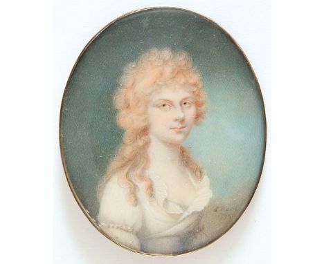 SAMPSON TOWGOOD ROCH Portrait of Maria Ryecroft wearing a white dress, signed S. Roch 1794;  6.75 x 5.5 cms