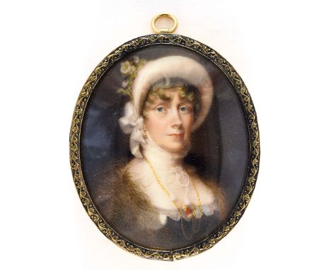 ATTRIBUTED TO JOHN COX DILLMAN ENGLEHEART Portrait of a lady wearing a bonnet with floral trimming & fur stole, half length, 