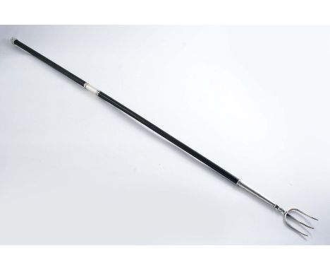 A GEORGE II TOASTING FORK with a mounted tapering, hardwood handle & three tines, maker's mark only "I.P", unascribed 1730-50