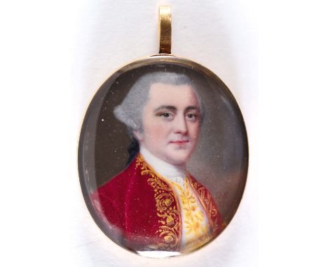 GERVASE SPENCER Miniature portrait of a gentleman wearing red jacket & embroidered white waistcoat, enamel signed with initia
