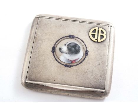 AN ITALIAN CIGARETTE CASE Square with the enamelled portrait of a dog & an applied gold monogram on the front, the interior i