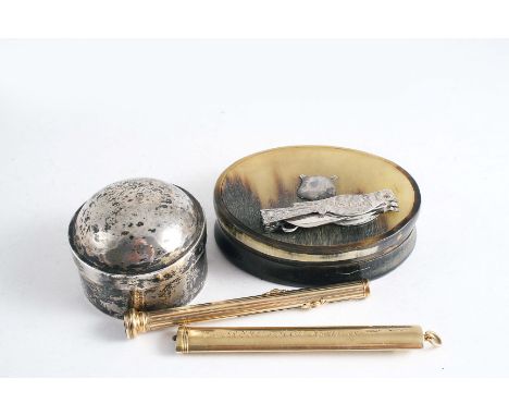 A VICTORIAN GOLD COMBINED PEN & PENCIL a 9 ct gold pencil holder by Mordan, a combined knife and button hook in silver bird s