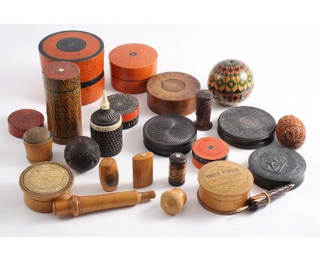 A QUANTITY OF ASSORTED BOXES mainly wooden to include: two vestas, a Mauchlineware barrel, a pin cushion, a "pressed" circula