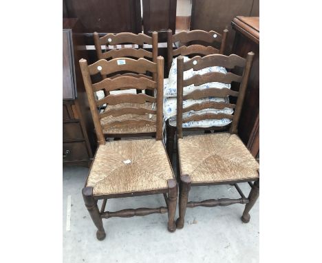 FOUR LADDER BACK OAK DINING CHAIRS WITH RUSH SEATS 