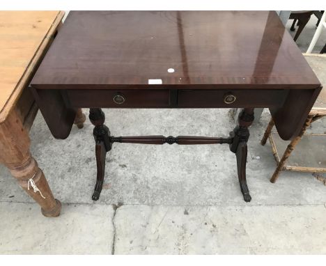 A MAHOGANY DROP END SOFA TABLE WITH TWO DRAWERS 