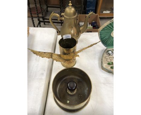 THREE BRASS ITEMS TO INCLUDE A TRENCH ART BOWL WITH WOODEN HANDLE, DATED 1950 (3) 