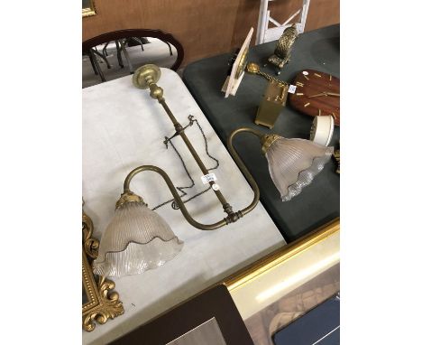 A VINTAGE BRASS TWIN BRANCH LIGHT WITH GLASS SHADES 