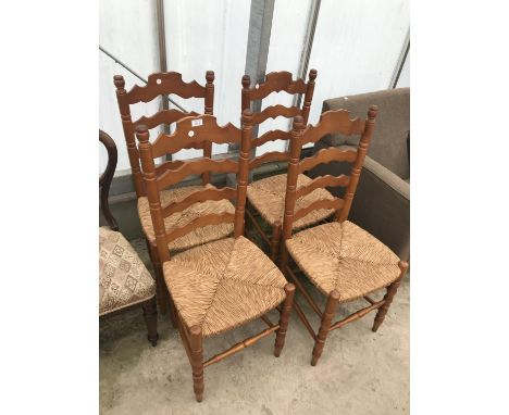 FOUR LADDER BACK PINE DINING CHAIRS WITH RUSH SEATS 