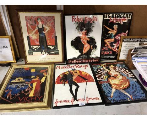 SIX ART DECO STYLE FRAMED PICTURES - THREE 'FOLIES BERGERE' AND A 'MOULIN ROUGE' ETC 