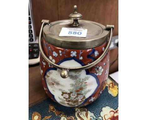 A CHINESE CERAMIC BISCUIT BARREL WITH SILVER PLATED LID AND HANDLE 