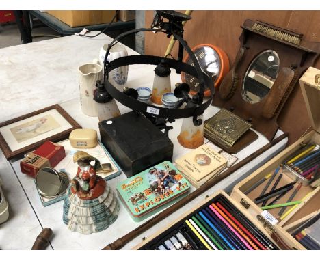 A MIXED GROUP OF ITEMS TO INCLUDE WOODEN MIRROR AND DRESSING SET, METAL LANTERN CEILING LIGHT, PICTURES ETC 