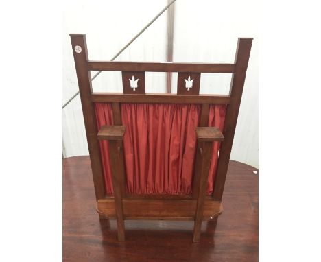 A SMALL MAHOGANY SCREEN WITH LOWER SHELF AND TWO CANDLE STANDS 