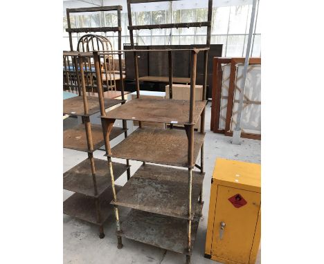 A VINTAGE INDUSTRIAL SHELF UNIT WITH FIVE SHELVES AND VARIOUS HOOKS 61CM X 61CM X 195CM 