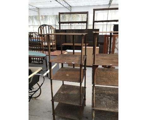 A VINTAGE INDUSTRIAL SHELF UNIT WITH FIVE SHELVES AND VARIOUS HOOKS 53CM X 51CM X 182CM 