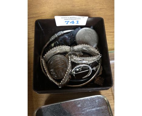 A SMALL BOX OF ASSORTED SILVER ITEMS- WATCH BACK, BANGLE ETC 