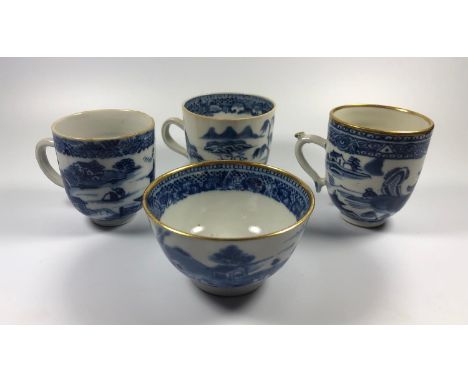 FOUR PIECES OF 19TH CENTURY CHINESE BLUE AND WHITE CERAMICS - THREE CUPS AND A TEA BOWL, ALL UNMARKED, HEIGHT OF LARGEST ITEM
