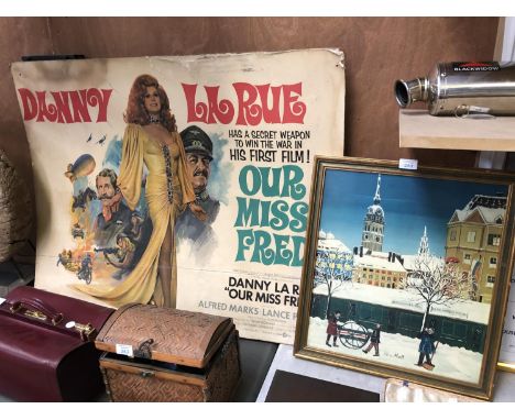 A GILT FRAMED 'PETRA MALL' PRINT TOGETHER WITH A VINTAGE 'DANNY LA RUE' OUR MISS FRED FILM BOARD (2) 