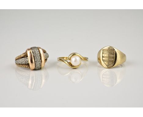 A 9ct gold and cultured pearl ring, together with a 9ct gold signet ring and a 9ct gold three colour ring. (3)