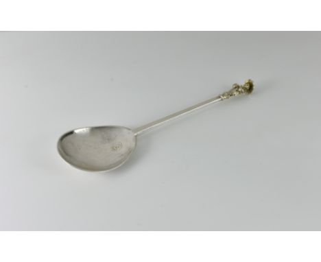 A Charles I West Country silver and parcel gilt apostle spoon, circa 1640, St. Matthew, Exeter town mark struck once to fig s