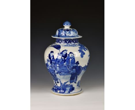 A large Chinese porcelain blue and white baluster vase and cover, probably 19th century, four character Kangxi mark to base w