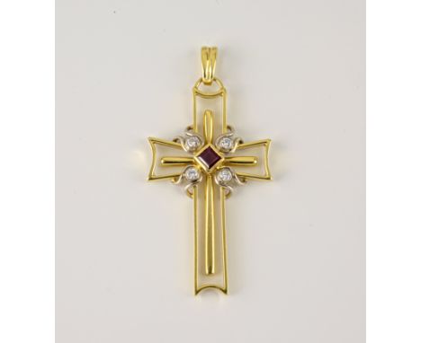 An 18ct yellow gold, ruby and diamond cross pendant, the openwork pendant with central square cut ruby and four brilliant cut