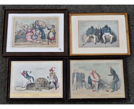 Eleven 18th and 19th century caricatures, hand coloured, five pub. by Thomas McLean, including 'The Zanys', John Bull trying 