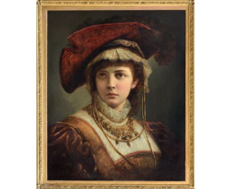 Emile Eisman-Semenowsky (Polish-French, 1857-1911), A portrait of a young woman in 16th century costume, wearing a red velvet