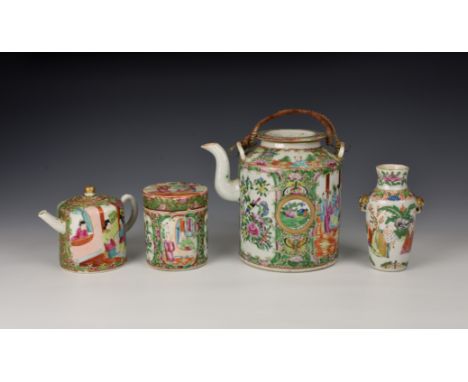 A small collection of Chinese Canton famille rose porcelain, early 19th century, comprising a cylindrical teapot and cover wi