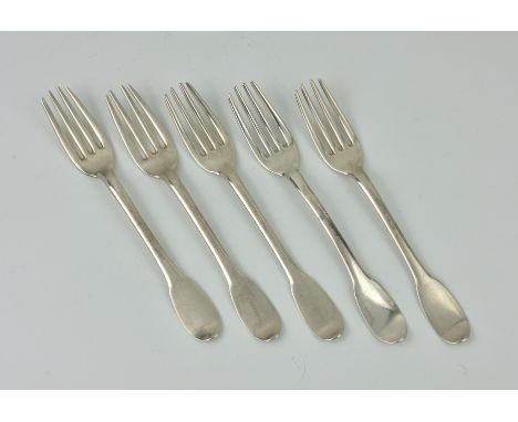 A set of five 18th century French silver fiddle pattern forks, each fork with France, Rennes, crowned number 9 c.1768-1774 ma