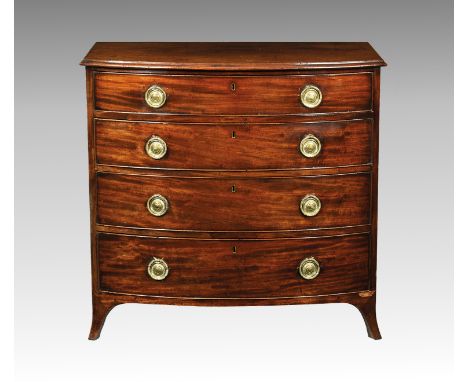 A Regency mahogany bowfronted chest of four drawers, the moulded top over four graduated drawers with original ring handles, 
