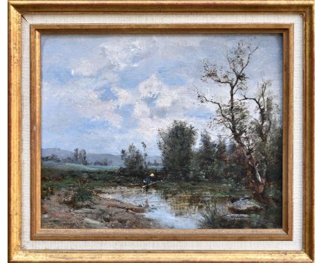 Jean Bain (French, first half 20th century), River landscape with fisherman oil on canvas, signed 'J BAIN' lower left 8 x 10i
