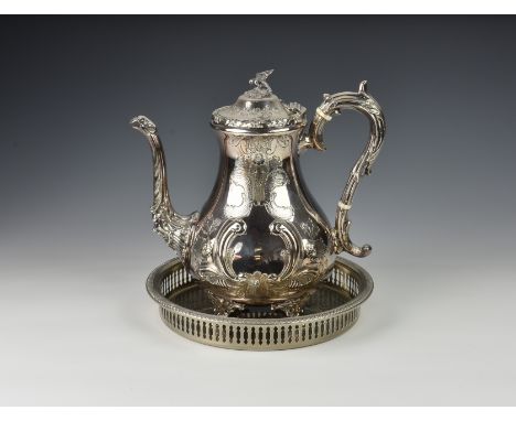 A Victorian heavily embossed Sheffield plate coffee pot, Cooper Brothers, c.1867, the body cast in relief with floral &amp; f